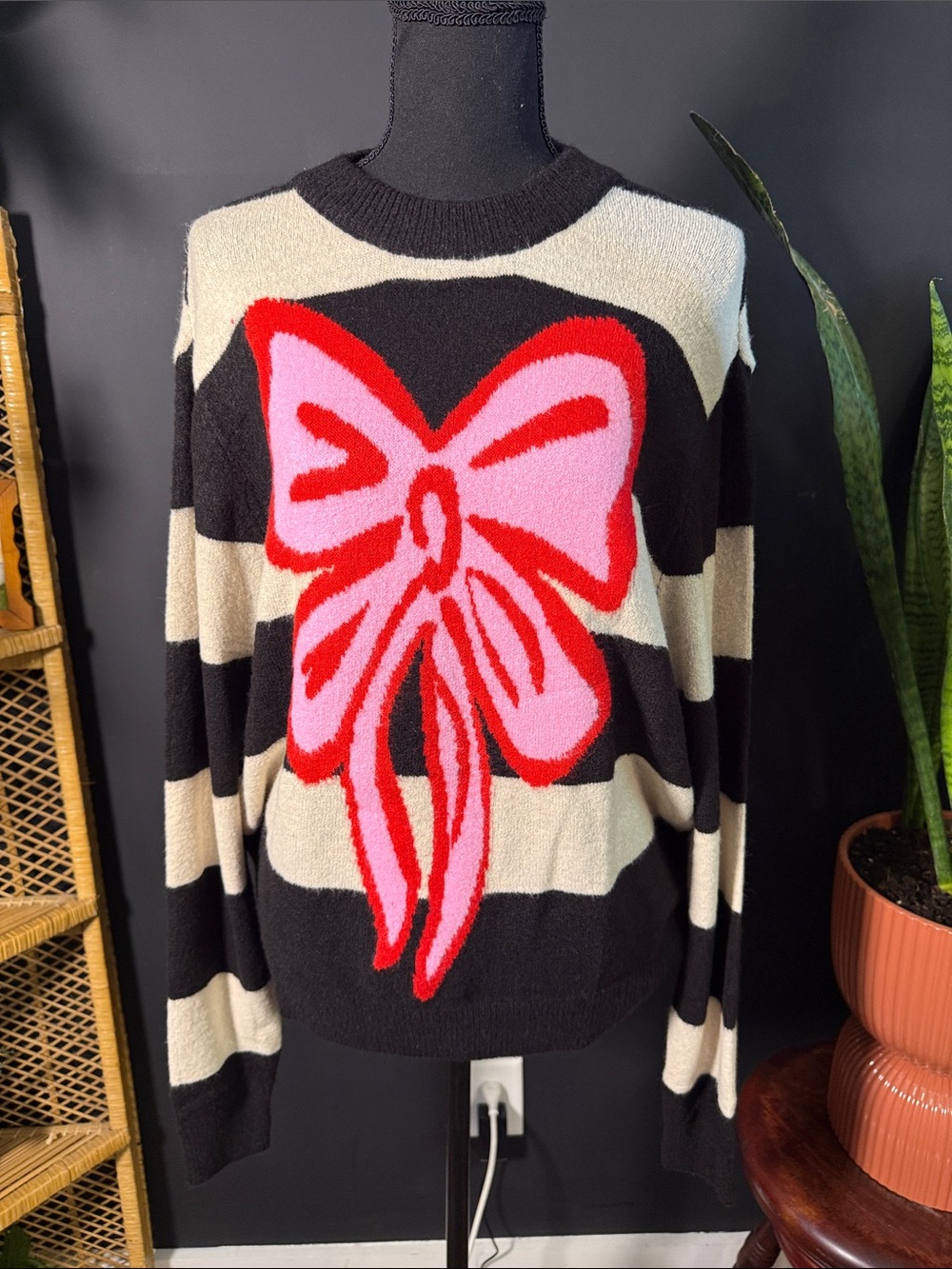 Black & Cream Striped Crewneck Sweater with Pink Bow Graphic